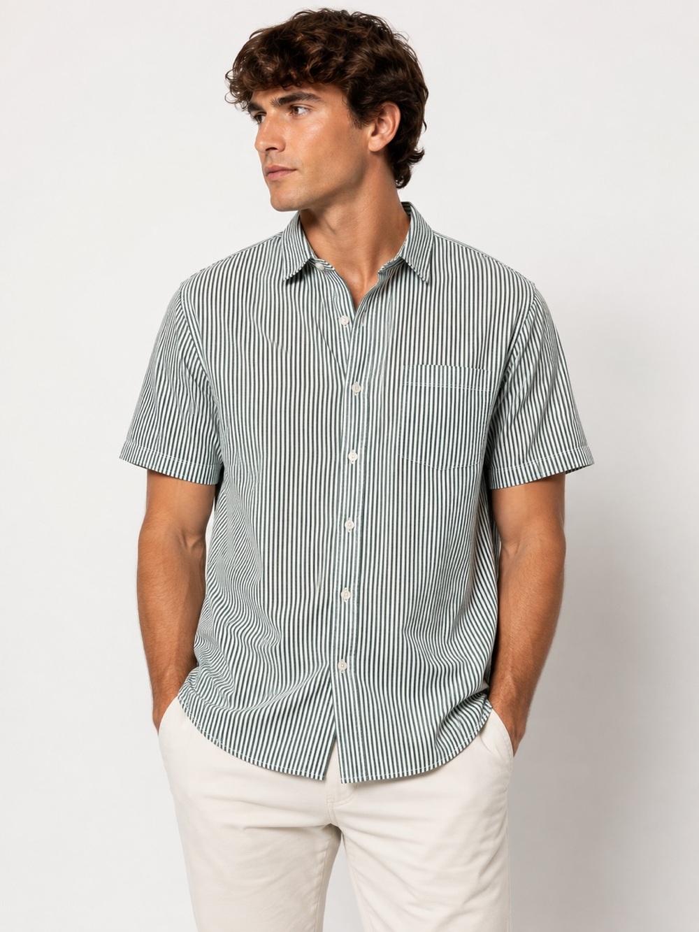 Green and White Striped Short Sleeve Collared Oxford Shirt